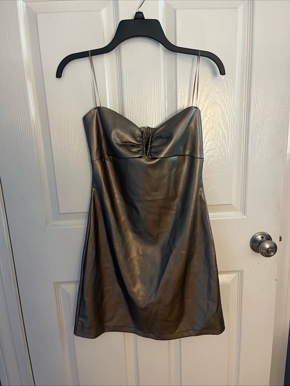 Strapless Faux Leather Mini Dress in Metallic Gray